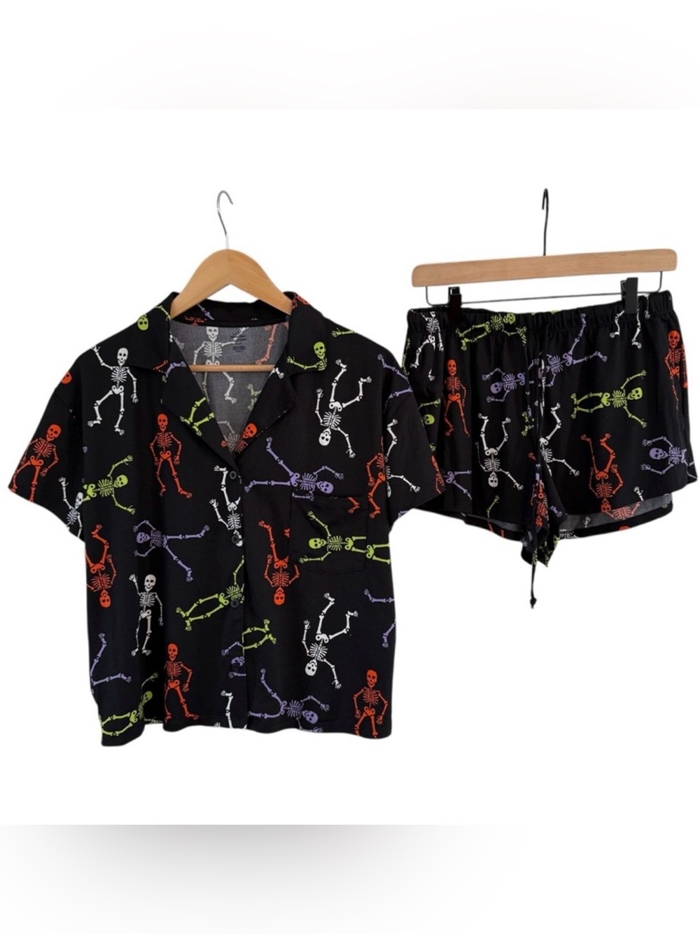 Halloween Pajama Set Black Skeletons Shorts and Button Down Shirt Size Small